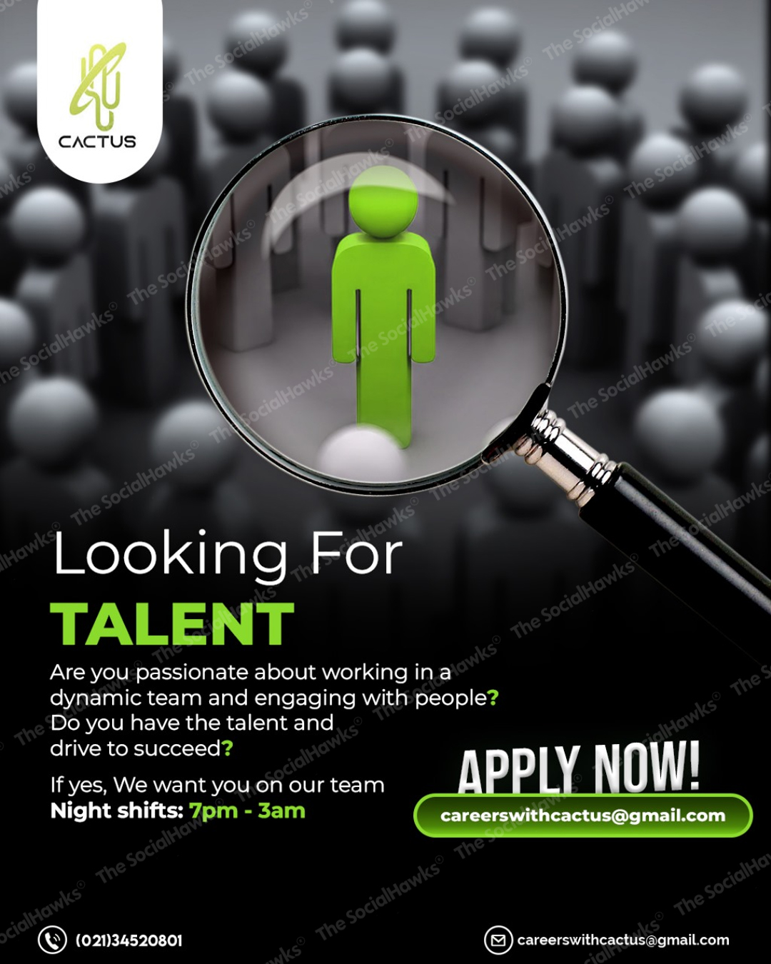Cactus BPO talent recruitment ad with magnifying glass highlighting green figure in crowd